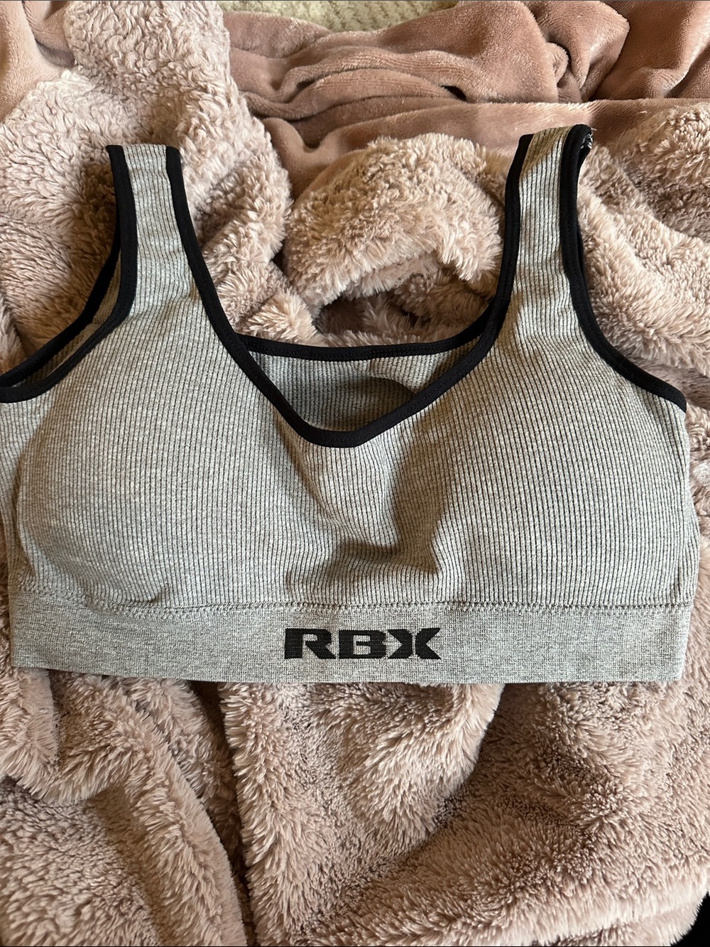 RBX Grey Ribbed Sports Bra with Black Trim and Logo
